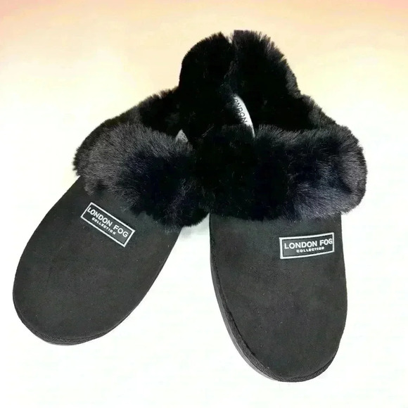 London Fog Womens JOSLYN FAUX FUR BLACK SLIPPERS (New Without Tags ) - Picture 4 of 7